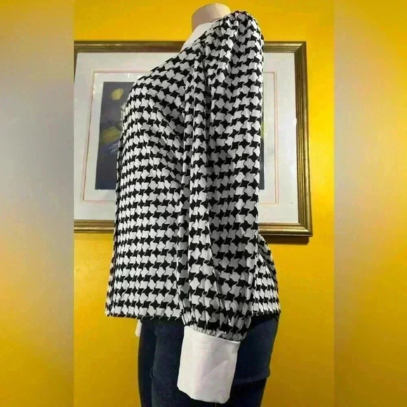 Houndstooth Printed Collared Neck Women’s Long Sleeve Shirt - Picture 3 of 9